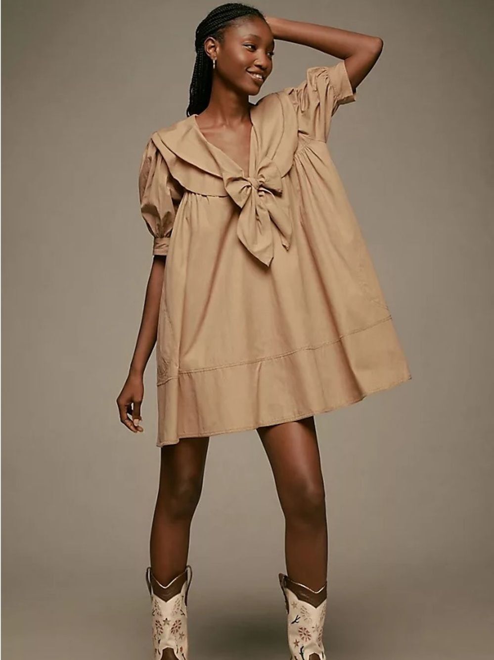 Anthropologie Pilcro Beige Babydoll Tunic Dress Bow Tie Sailor Collar Size S - Picture 2 of 11